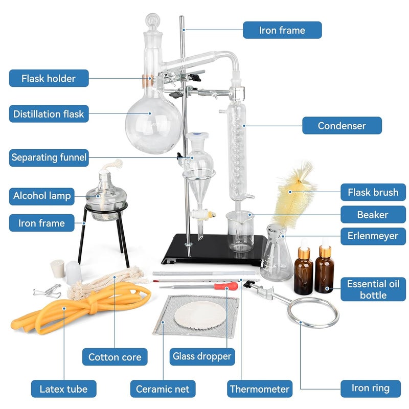 Xeoca Essential Oil Distillation Kit - 500ml Distillation Apparatus Water Distiller 3.3 Boro Lab Glassware Distillation Kit with 24/40 Joint, 31pcs Set - Image 2